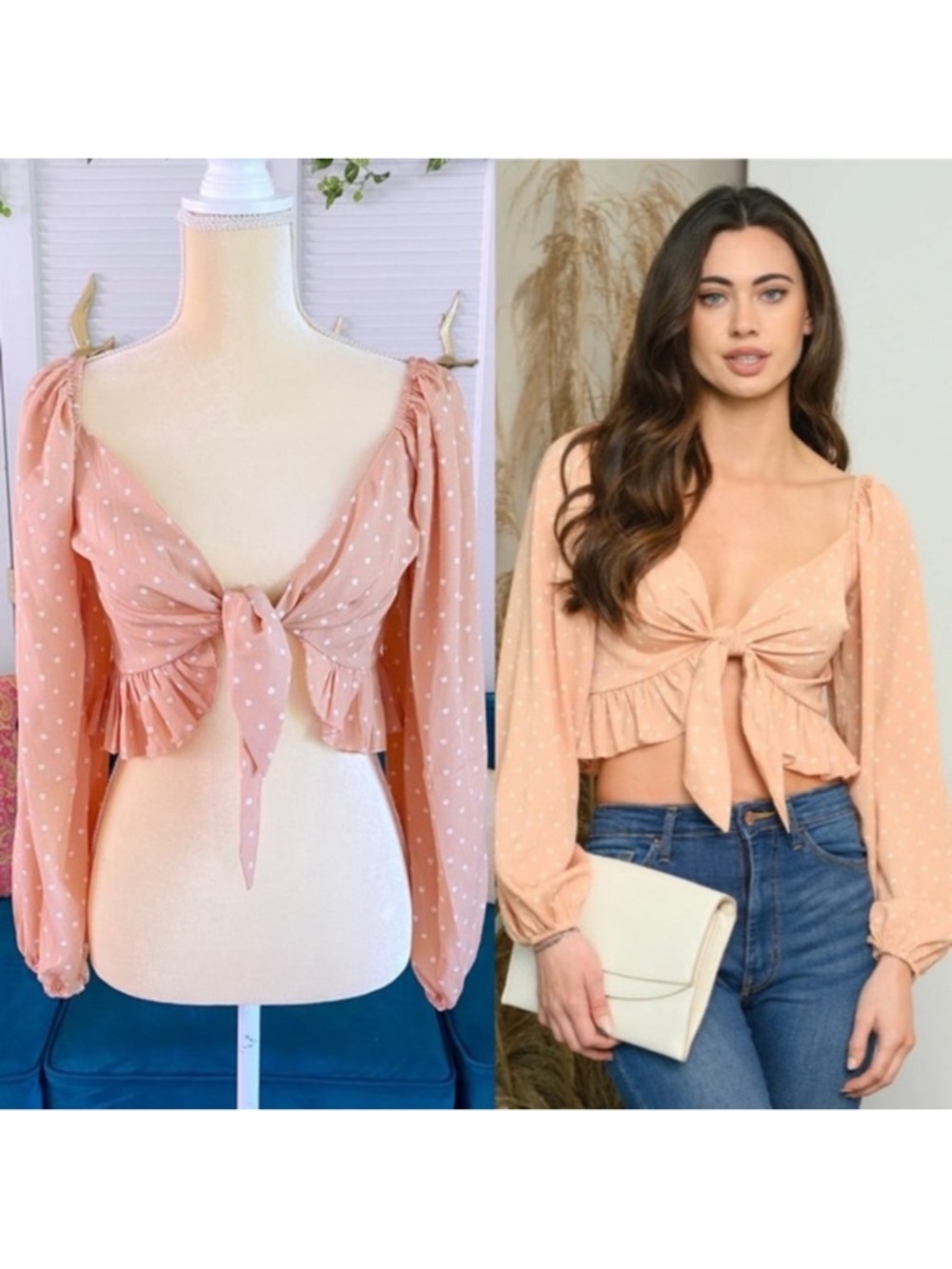 Cloud Ten | Steph Long Sleeve Milkmaid Tie Front Crop Top Polka Dot Salmon Small